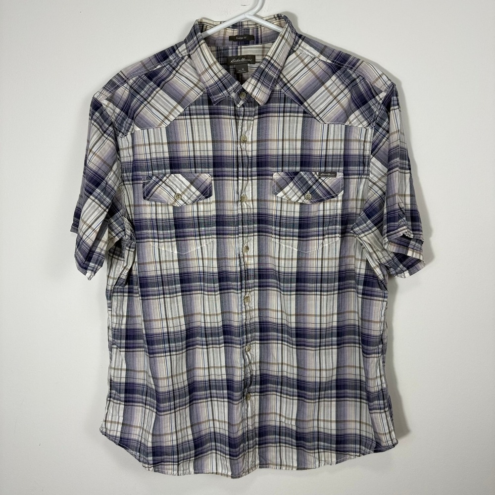 Eddie Bauer Mens XL Short Sleeve Plaid Western Yoke Button Down Shirt Purple Tan